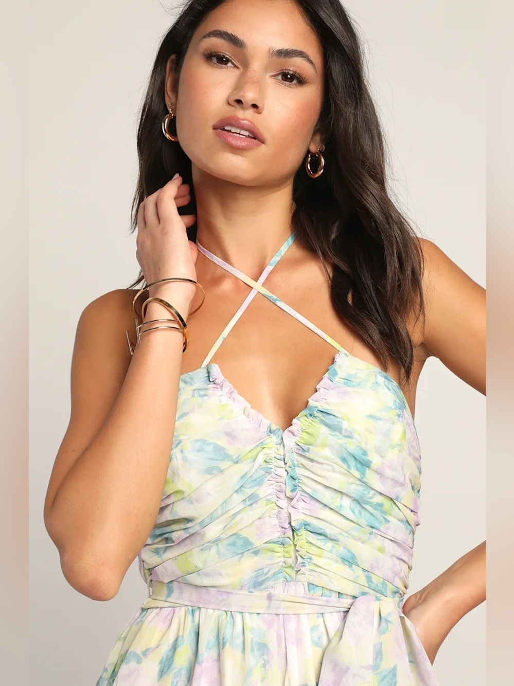 Lulus Effortlessly Abloom Green Multi Floral Ruched Halter Maxi Dress large - Picture 2 of 4